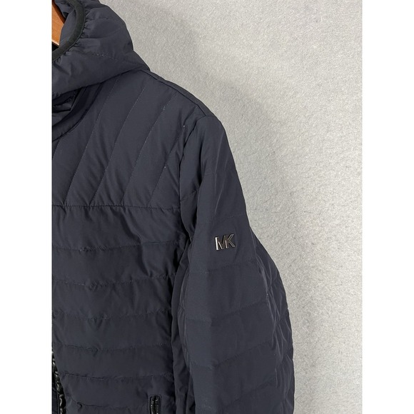 Michael Kors Navy Packable Down Fill Puffer, Fitted Coat w/ Hood- Women's Large - Picture 2 of 9